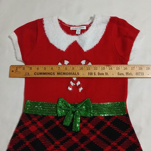 Ugly Christmas Sweater Dress Large (10/12) CanDY Canes Plaid Skirt Sequin Bow - Picture 9 of 11